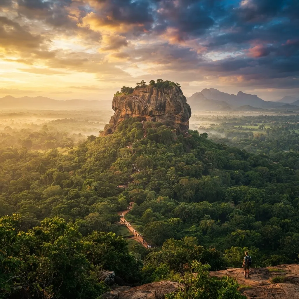 Sigiriya Rock Fortress rising above the jungle at dawn